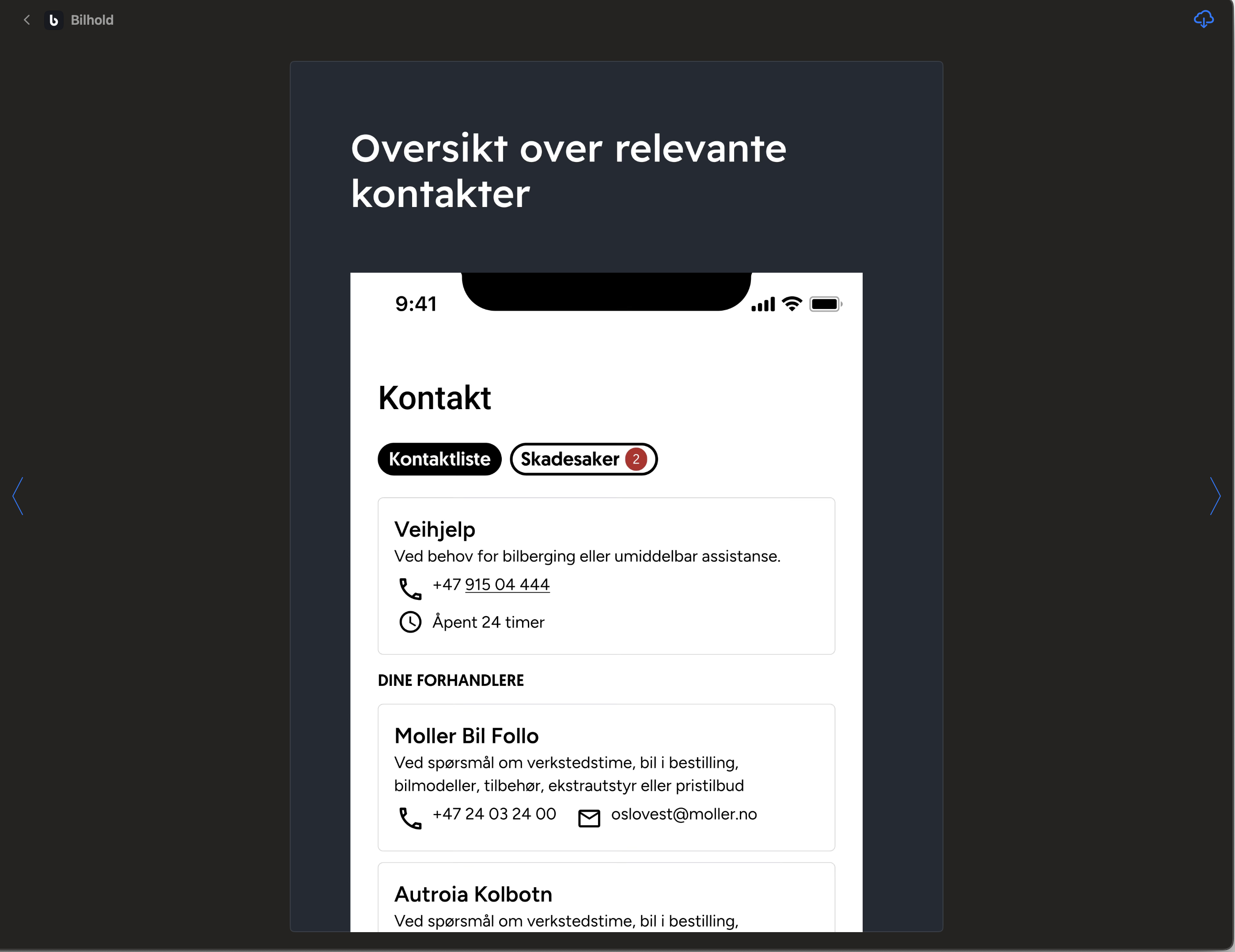 Demo av kontakt-siden i Mitt Bilhold